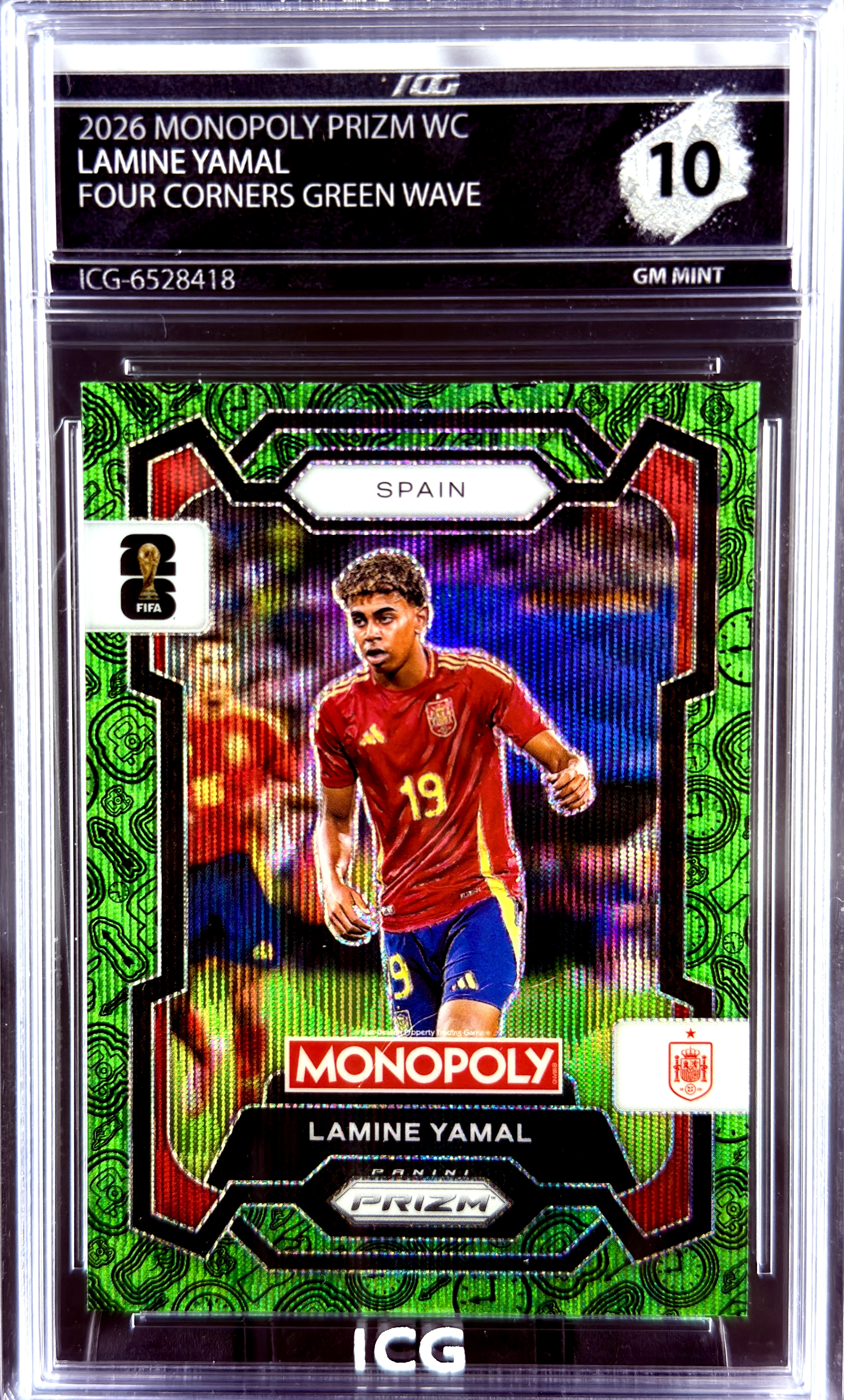 LAMINE YAMAL · 2026 MONOPOLY PRIZM WC · FOUR CORNERS GREEN WAVE