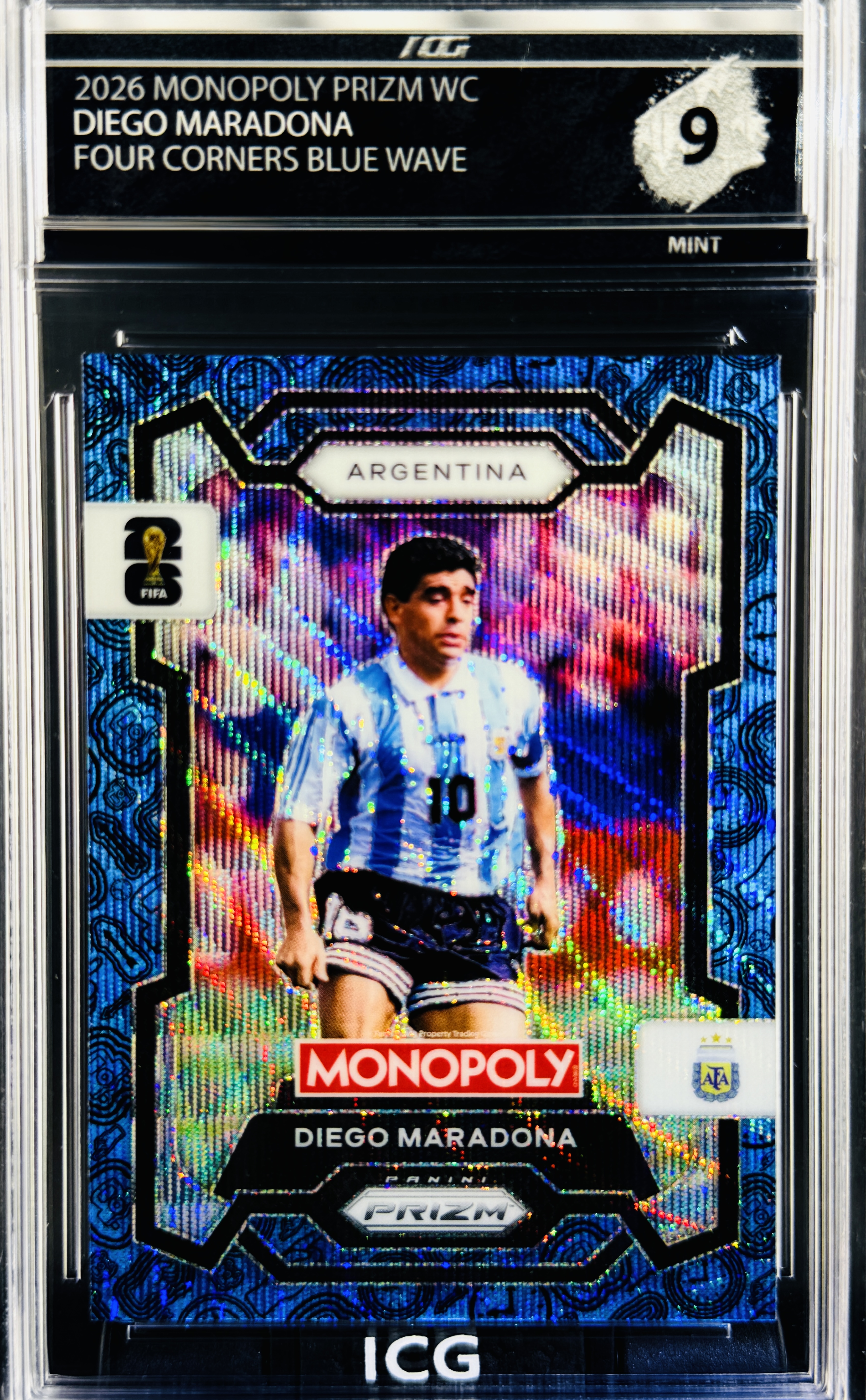 DIEGO MARADONA · 2026 MONOPOLY PRIZM WC · FOUR CORNERS BLUE WAVE