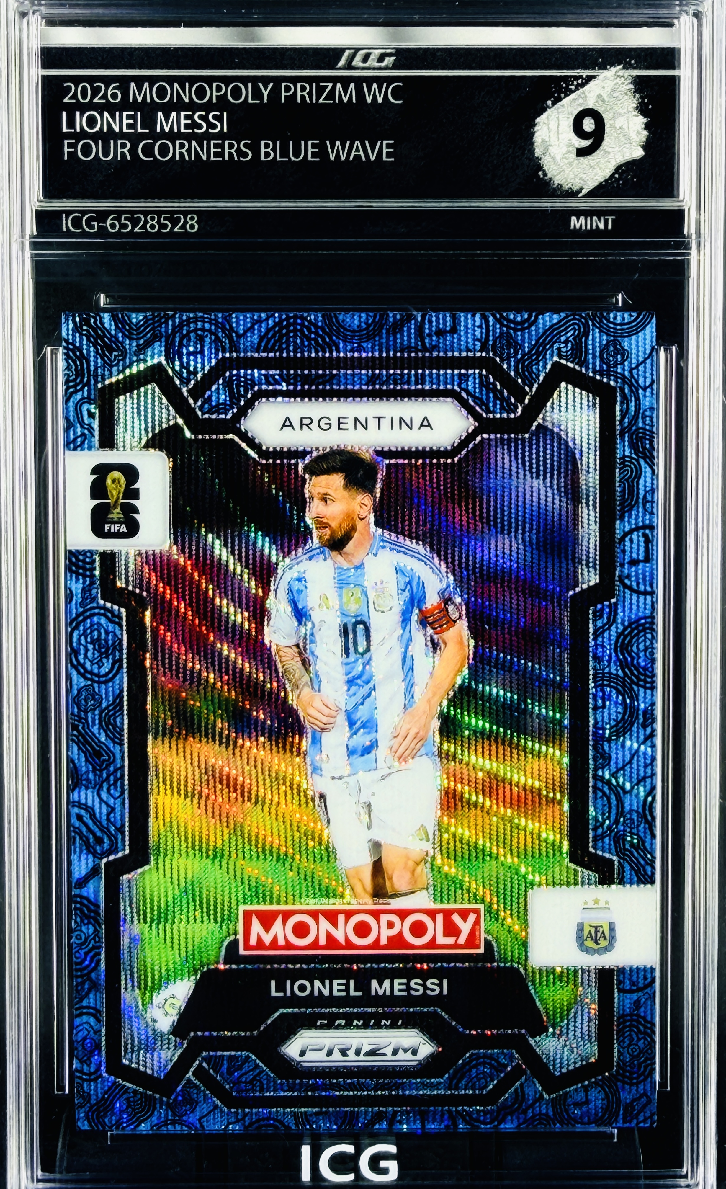 LIONEL MESSI · 2026 MONOPOLY PRIZM WC · FOUR CORNERS BLUE WAVE